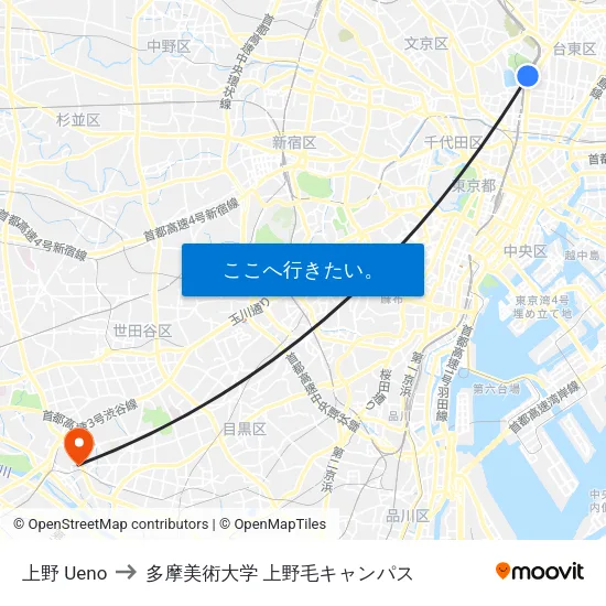 上野 Ueno to 多摩美術大学 上野毛キャンパス map