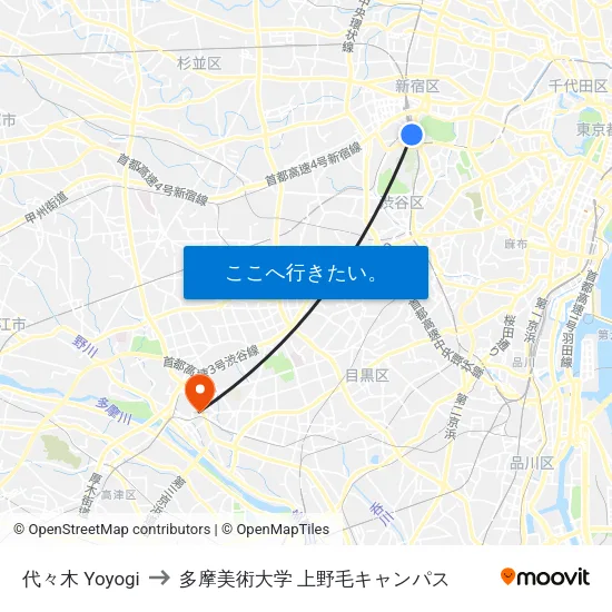 代々木 Yoyogi to 多摩美術大学 上野毛キャンパス map