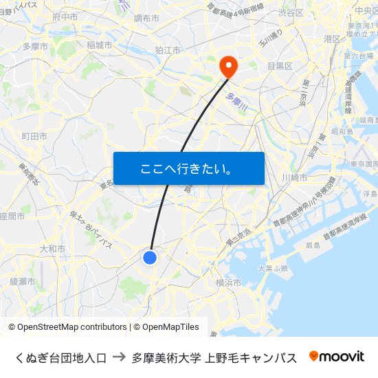 くぬぎ台団地入口 to 多摩美術大学 上野毛キャンパス map