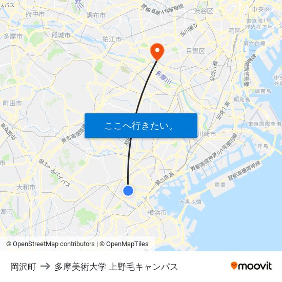 岡沢町 to 多摩美術大学 上野毛キャンパス map