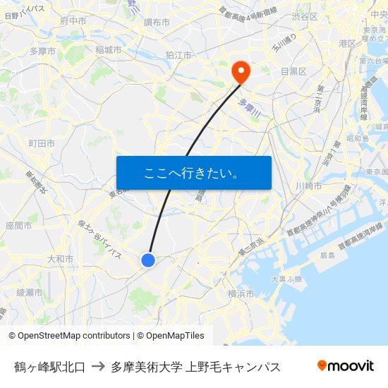 鶴ヶ峰駅北口 to 多摩美術大学 上野毛キャンパス map