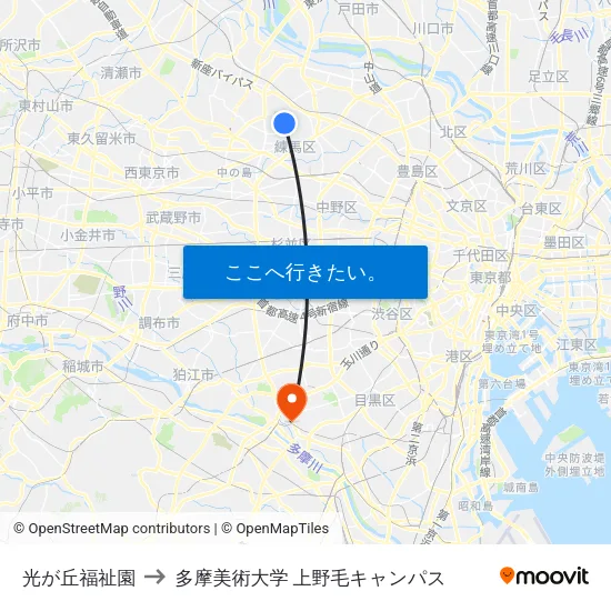 光が丘福祉園 to 多摩美術大学 上野毛キャンパス map