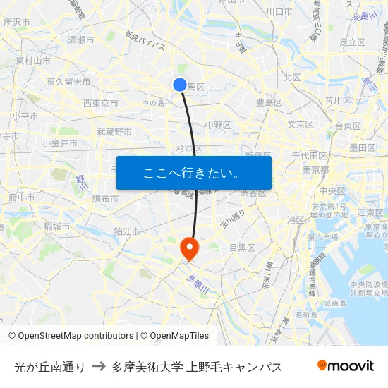 光が丘南通り to 多摩美術大学 上野毛キャンパス map