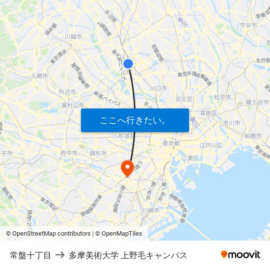 常盤十丁目 to 多摩美術大学 上野毛キャンパス map