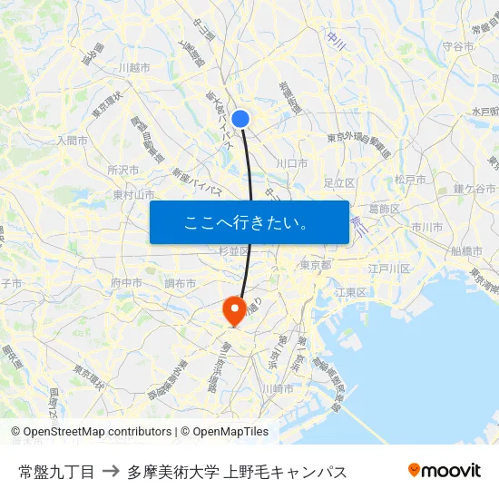 常盤九丁目 to 多摩美術大学 上野毛キャンパス map
