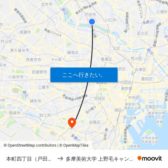 本町四丁目（戸田市） to 多摩美術大学 上野毛キャンパス map