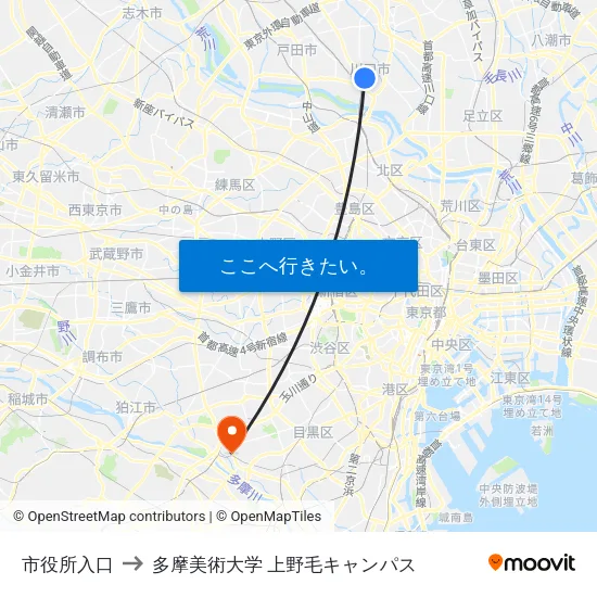 市役所入口 to 多摩美術大学 上野毛キャンパス map