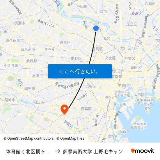 体育館（北区桐ヶ丘） to 多摩美術大学 上野毛キャンパス map