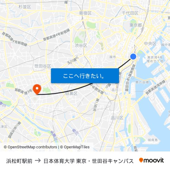 浜松町駅前 to 日本体育大学 東京・世田谷キャンパス map