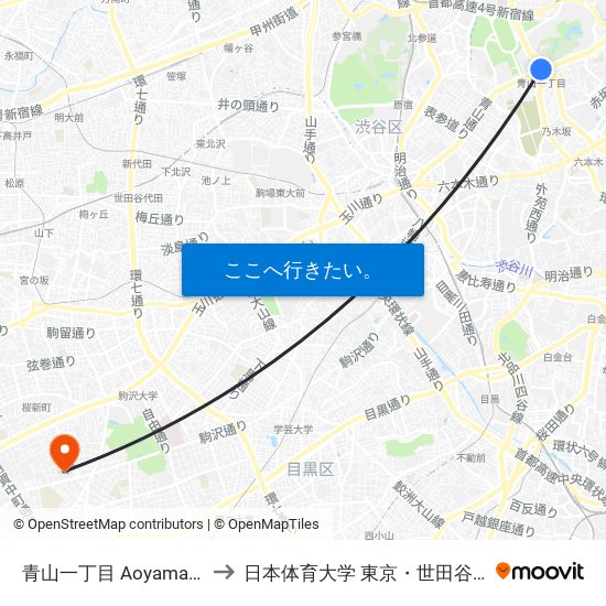 青山一丁目 Aoyama-Itchome to 日本体育大学 東京・世田谷キャンパス map