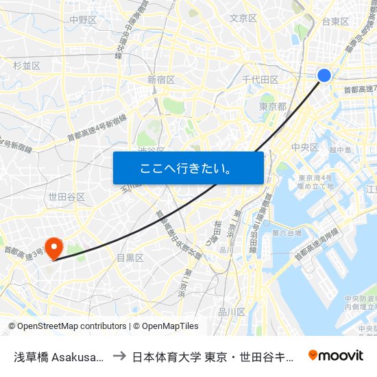 浅草橋 Asakusabashi to 日本体育大学 東京・世田谷キャンパス map