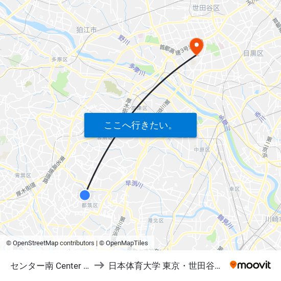 センター南 Center Minami to 日本体育大学 東京・世田谷キャンパス map