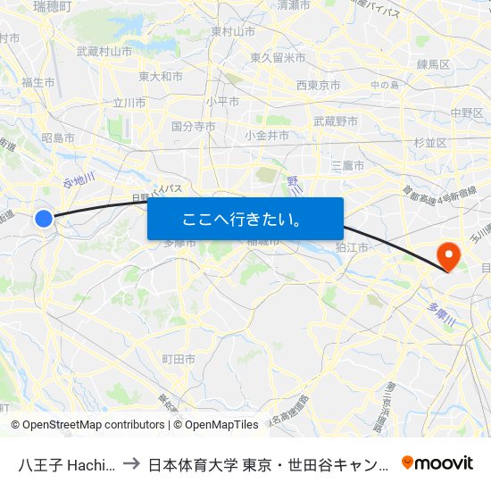 八王子 Hachioji to 日本体育大学 東京・世田谷キャンパス map