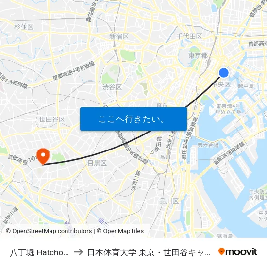 八丁堀 Hatchobori to 日本体育大学 東京・世田谷キャンパス map