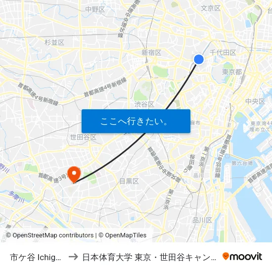 市ケ谷 Ichigaya to 日本体育大学 東京・世田谷キャンパス map