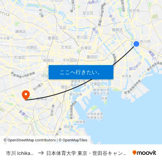 市川 Ichikawa to 日本体育大学 東京・世田谷キャンパス map