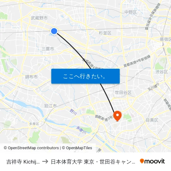 吉祥寺 Kichijoji to 日本体育大学 東京・世田谷キャンパス map