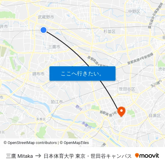 三鷹 Mitaka to 日本体育大学 東京・世田谷キャンパス map