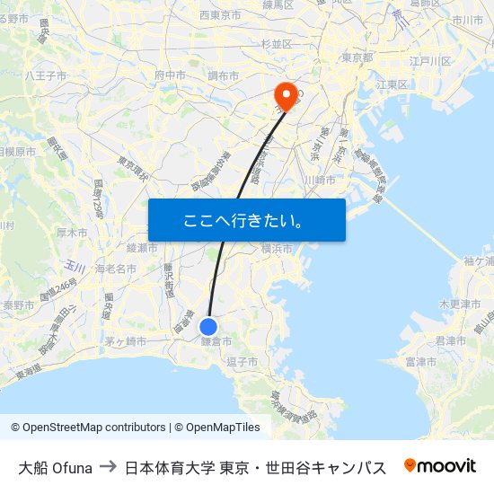 大船 Ofuna to 日本体育大学 東京・世田谷キャンパス map