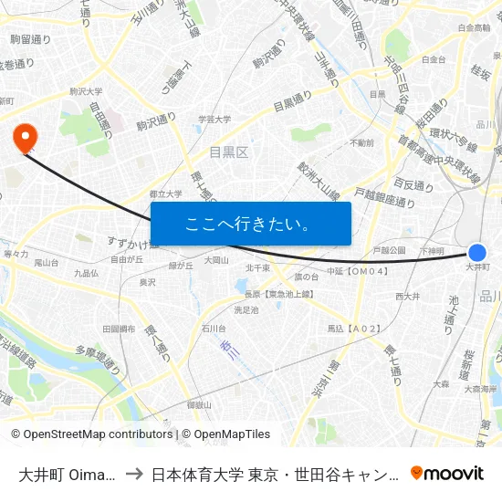 大井町 Oimachi to 日本体育大学 東京・世田谷キャンパス map