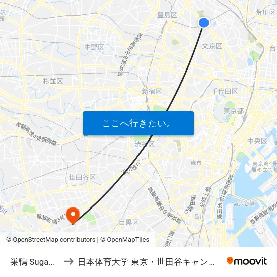 巣鴨 Sugamo to 日本体育大学 東京・世田谷キャンパス map