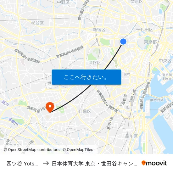 四ツ谷 Yotsuya to 日本体育大学 東京・世田谷キャンパス map