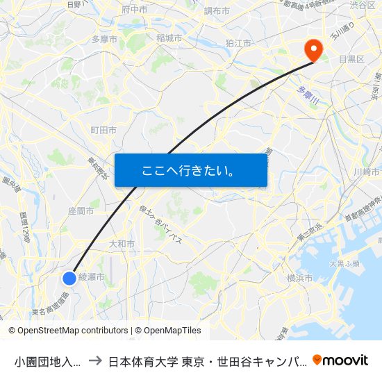 小園団地入口 to 日本体育大学 東京・世田谷キャンパス map