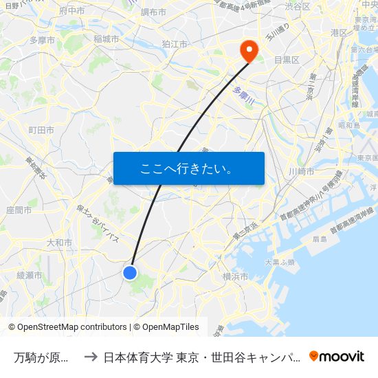 万騎が原第5 to 日本体育大学 東京・世田谷キャンパス map