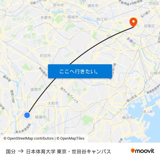 国分 to 日本体育大学 東京・世田谷キャンパス map