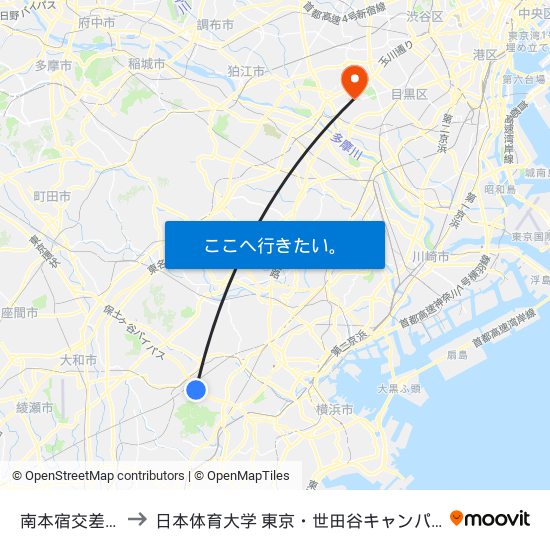 南本宿交差点 to 日本体育大学 東京・世田谷キャンパス map