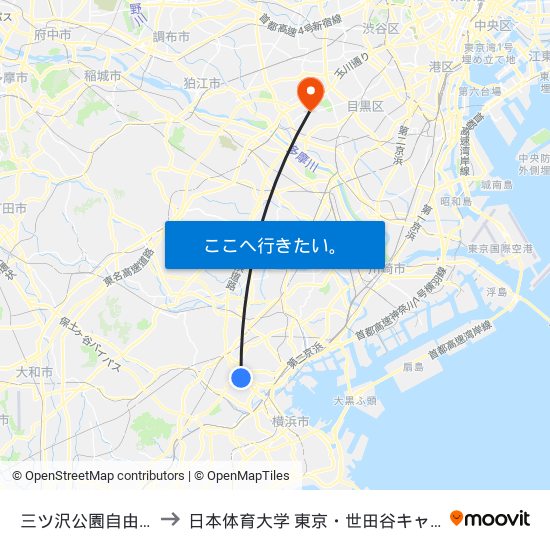 三ツ沢公園自由広場 to 日本体育大学 東京・世田谷キャンパス map