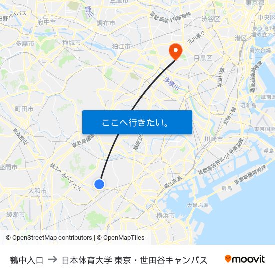 鶴中入口 to 日本体育大学 東京・世田谷キャンパス map