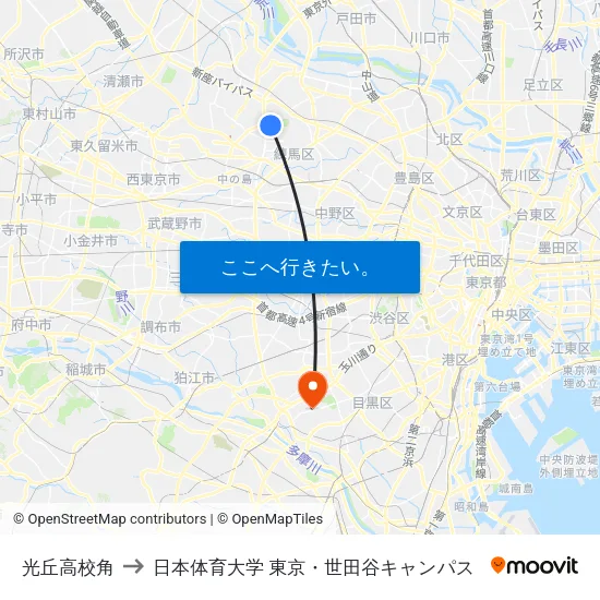 光丘高校角 to 日本体育大学 東京・世田谷キャンパス map