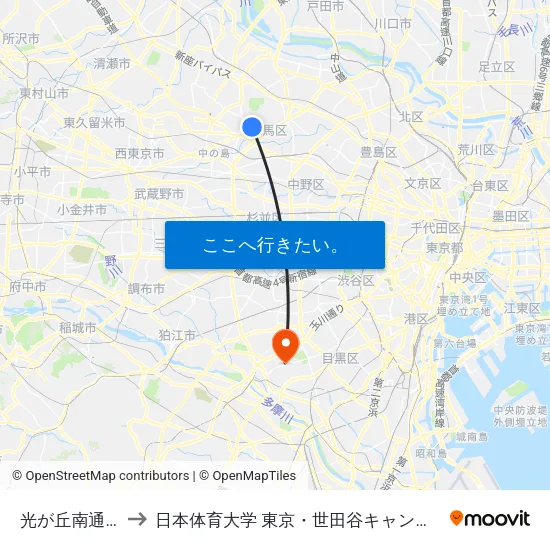 光が丘南通り to 日本体育大学 東京・世田谷キャンパス map