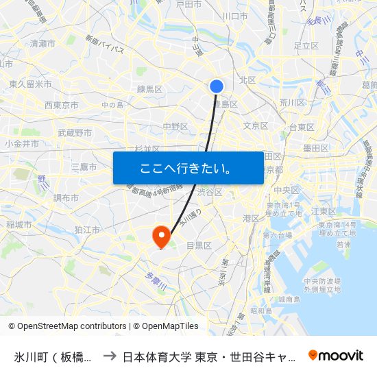 氷川町（板橋区） to 日本体育大学 東京・世田谷キャンパス map