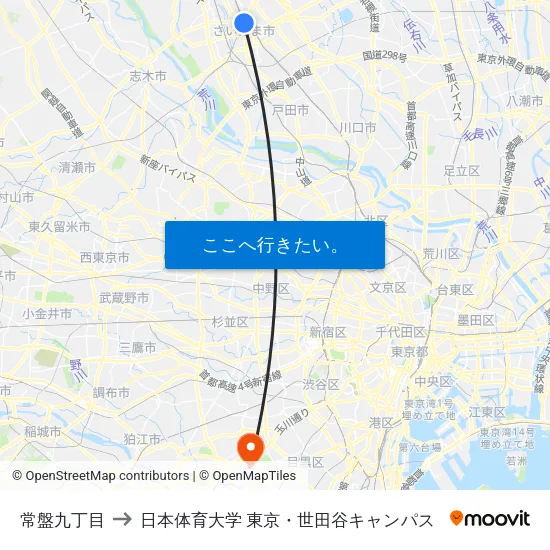 常盤九丁目 to 日本体育大学 東京・世田谷キャンパス map