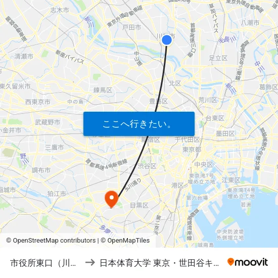 市役所東口（川口市） to 日本体育大学 東京・世田谷キャンパス map