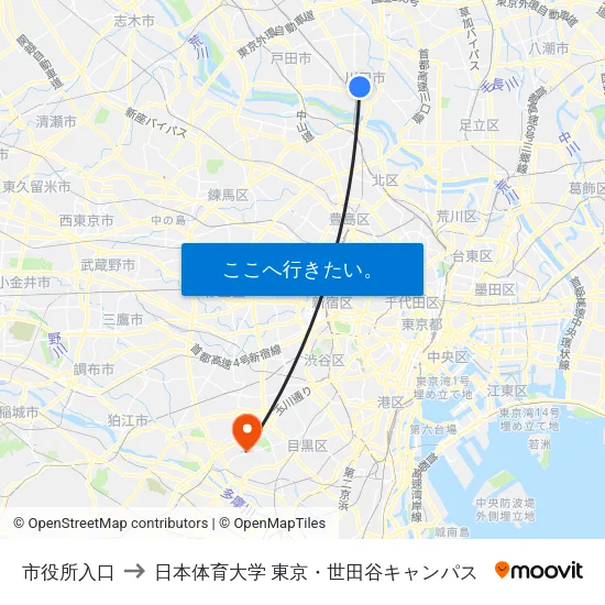 市役所入口 to 日本体育大学 東京・世田谷キャンパス map