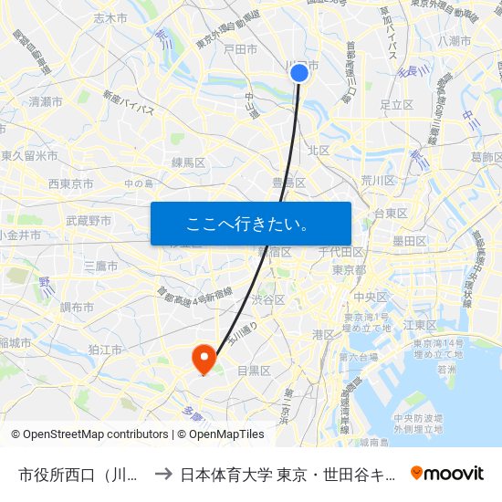 市役所西口（川口市） to 日本体育大学 東京・世田谷キャンパス map