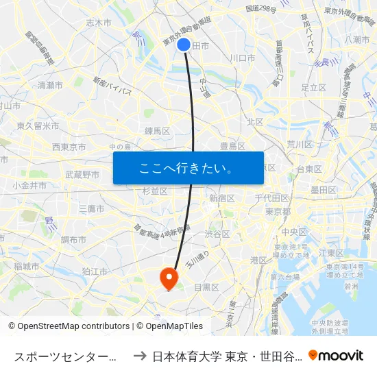 スポーツセンター（戸田市） to 日本体育大学 東京・世田谷キャンパス map