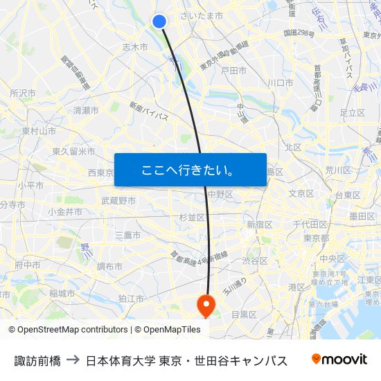 諏訪前橋 to 日本体育大学 東京・世田谷キャンパス map