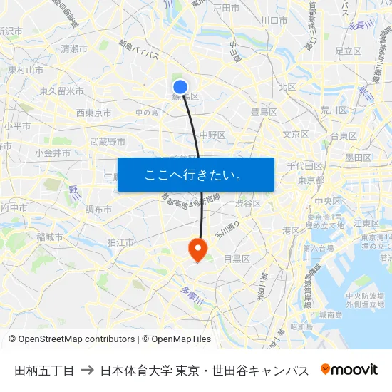 田柄五丁目 to 日本体育大学 東京・世田谷キャンパス map