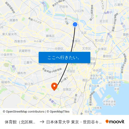 体育館（北区桐ヶ丘） to 日本体育大学 東京・世田谷キャンパス map