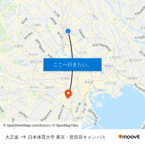 大正坂 to 日本体育大学 東京・世田谷キャンパス map