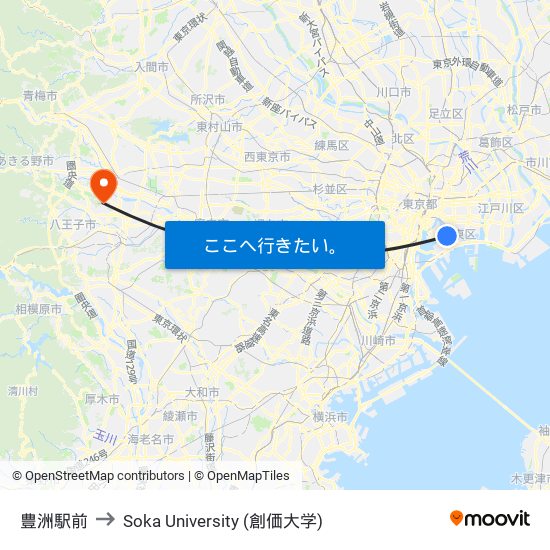 豊洲駅前 to Soka University (創価大学) map