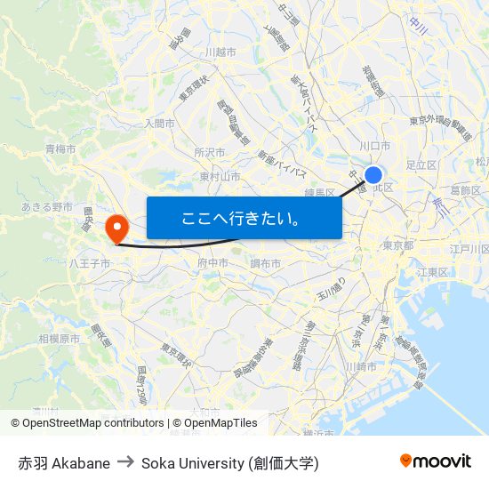 赤羽 Akabane to Soka University (創価大学) map