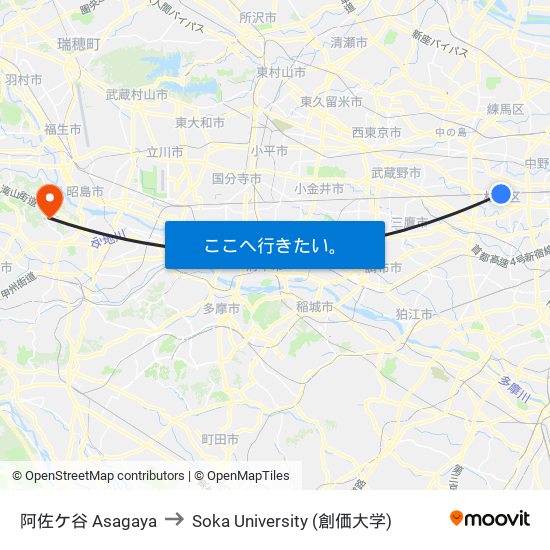 阿佐ケ谷 Asagaya to Soka University (創価大学) map