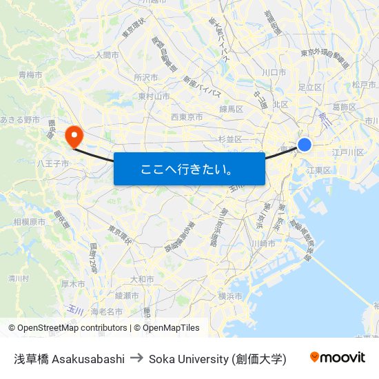 浅草橋 Asakusabashi to Soka University (創価大学) map
