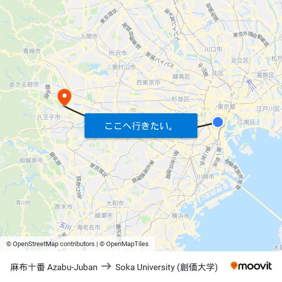 麻布十番 Azabu-Juban to Soka University (創価大学) map