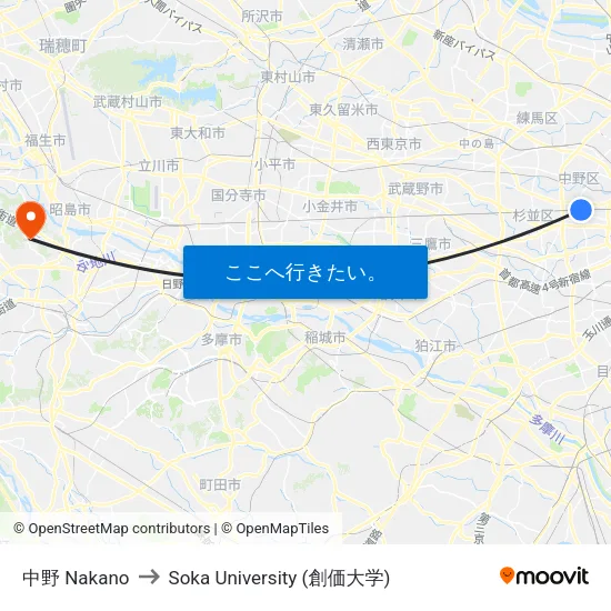 中野 Nakano to Soka University (創価大学) map